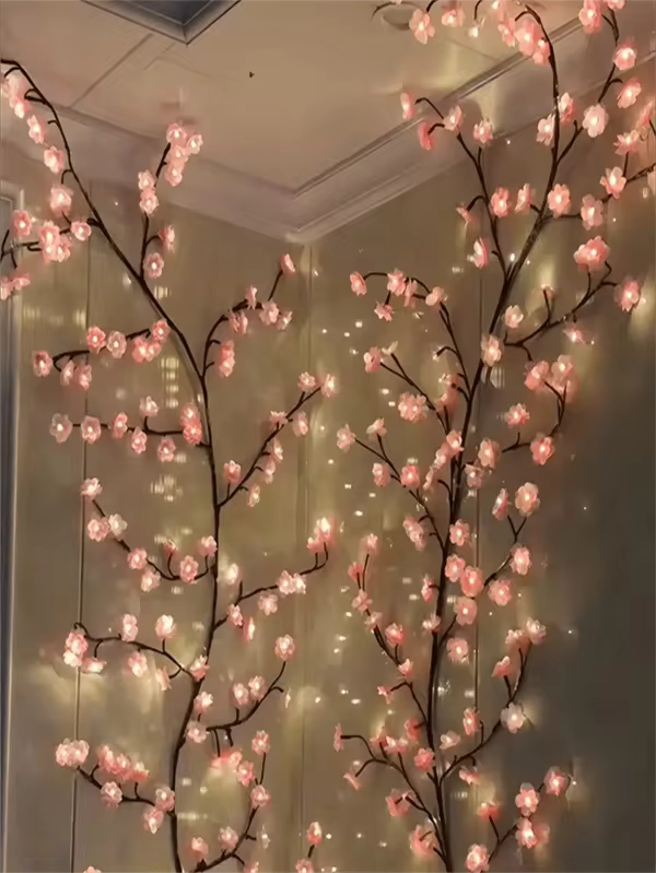 1pc 1.9m/6.23ft - 96 LED Cherry Blossom Tree Vine Lights (Pink/Blue), USB Powered With 8 Flashing Modes, Soft & Bendable, Suitable For Home Decor/Fairy Garden/Room Decoration/Wall Decor/Yard/Holiday Party/Gaming Room/Office