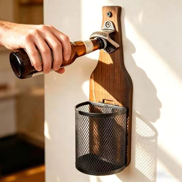 Wall-Mounted Wooden Beer Bottle Opener With Mesh Bag, Painless Bottle Opener - Essential Beer Accessory For Home Bar, Kitchen, Garden And Outdoor, Perfect Gift For Beer Lovers